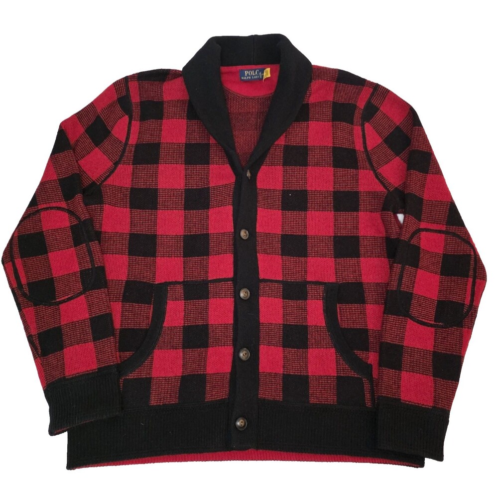 Polo Ralph Lauren Buffalo Plaid Cardigan Sweater Men’s XL Wool Red Black